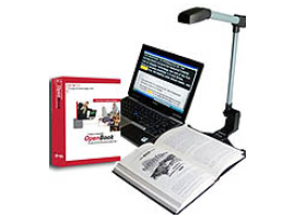 OpenBook and PEARL portable scanning and reading solution magnifying a book on laptop.