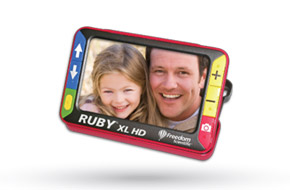 RUBY XL HD handheld video magnifier, showing a magnified photo of a man and his daughter, is the best portable low vision aid.