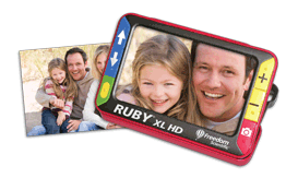 RUBY XL HD handheld video magnifier showing family photo. RUBY XL HD handheld video magnifier showing family photo.