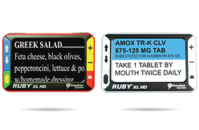 RUBY XL HD magnifying a menu and RUBY XL HD+ magnifying a prescription label.
