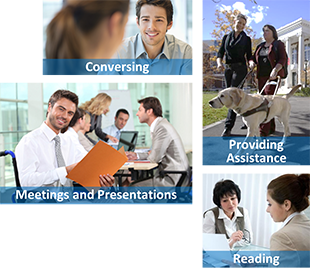 Images of interacting with people with disabilities, with captions for conversing, providing assistance, meetings and presentations, and reading.