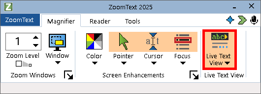 ZoomText Magnifier toolbar tab with focus on the Live Text View button.