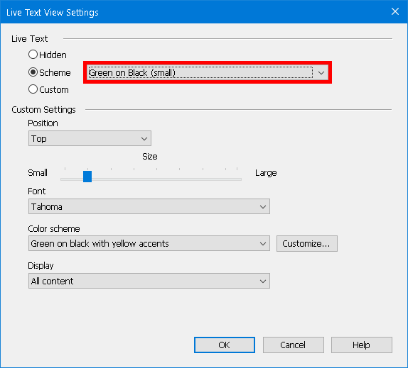 The Live Text View Settings dialog with focus on the Scheme list.
