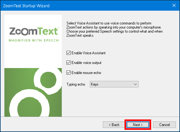 TThe new Speech settings page in the ZoomText Startup wizard.