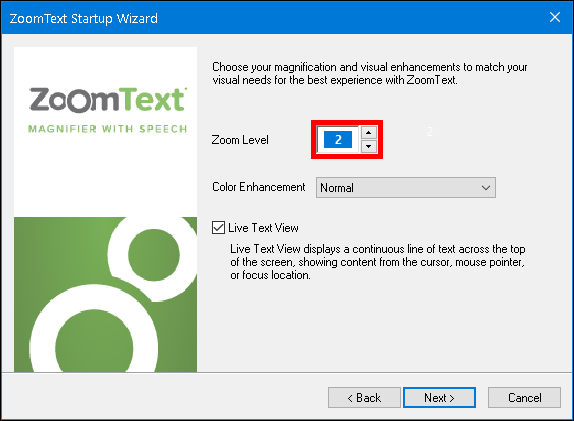 The new Magnification and Visual Enhancements page in the ZoomText Startup wizard.