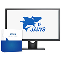 image of JAWS product box and JAWS logo displayed on a screen