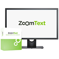 image of ZoomText product box and ZoomText logo displayed on a screen