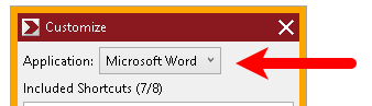 Fusion'ın Hızlı Erişim Çubuğu Özelleştirme iletişim kutusundaki Uygulama adı listesinde Microsoft Word'ü gösteren bir örnek.