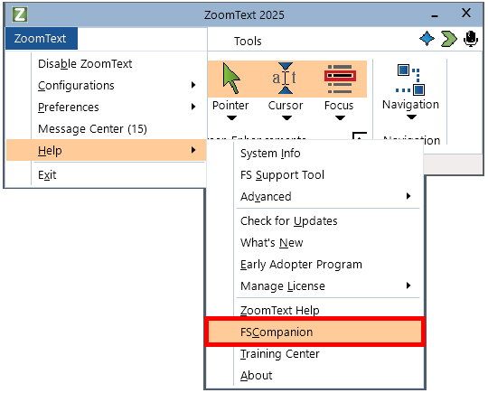 Přístup k příkazu FSCompanion pomocí nabídky ZoomText.