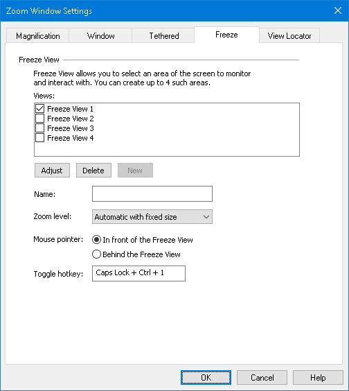 Image of the Freeze View tab in the Zoom Window Settings dialog box.