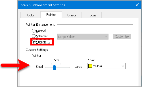 The Pointer Size setting in the Pointer tab of the Screen Enhancement Settings dialog box.